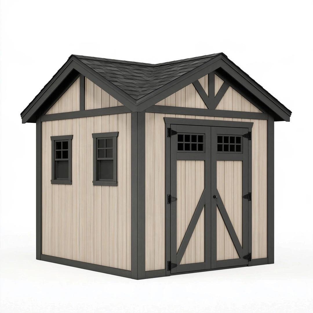 Abri de jardin 244 x 183 x 230 cm en bois beige et noir à double porte style chalet
