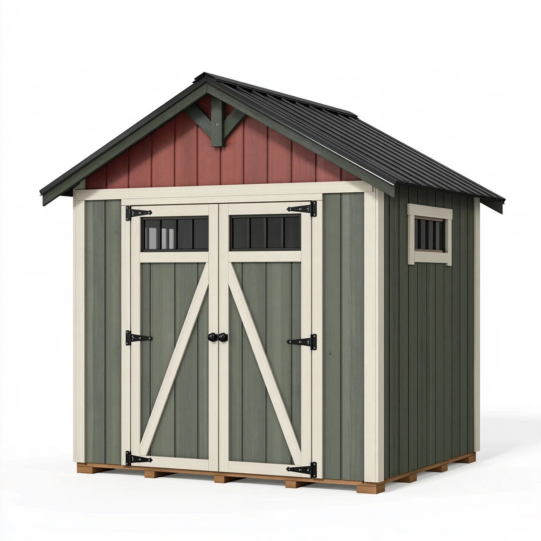 Abri de jardin 240 x 180 x 230 cm en bois vert style grange avec portes doubles