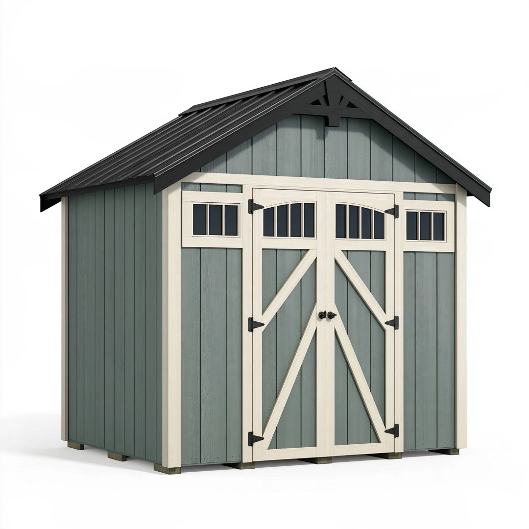 Abri de jardin 180 x 120 x 210 cm en bois vert gris à double porte avec fenêtres