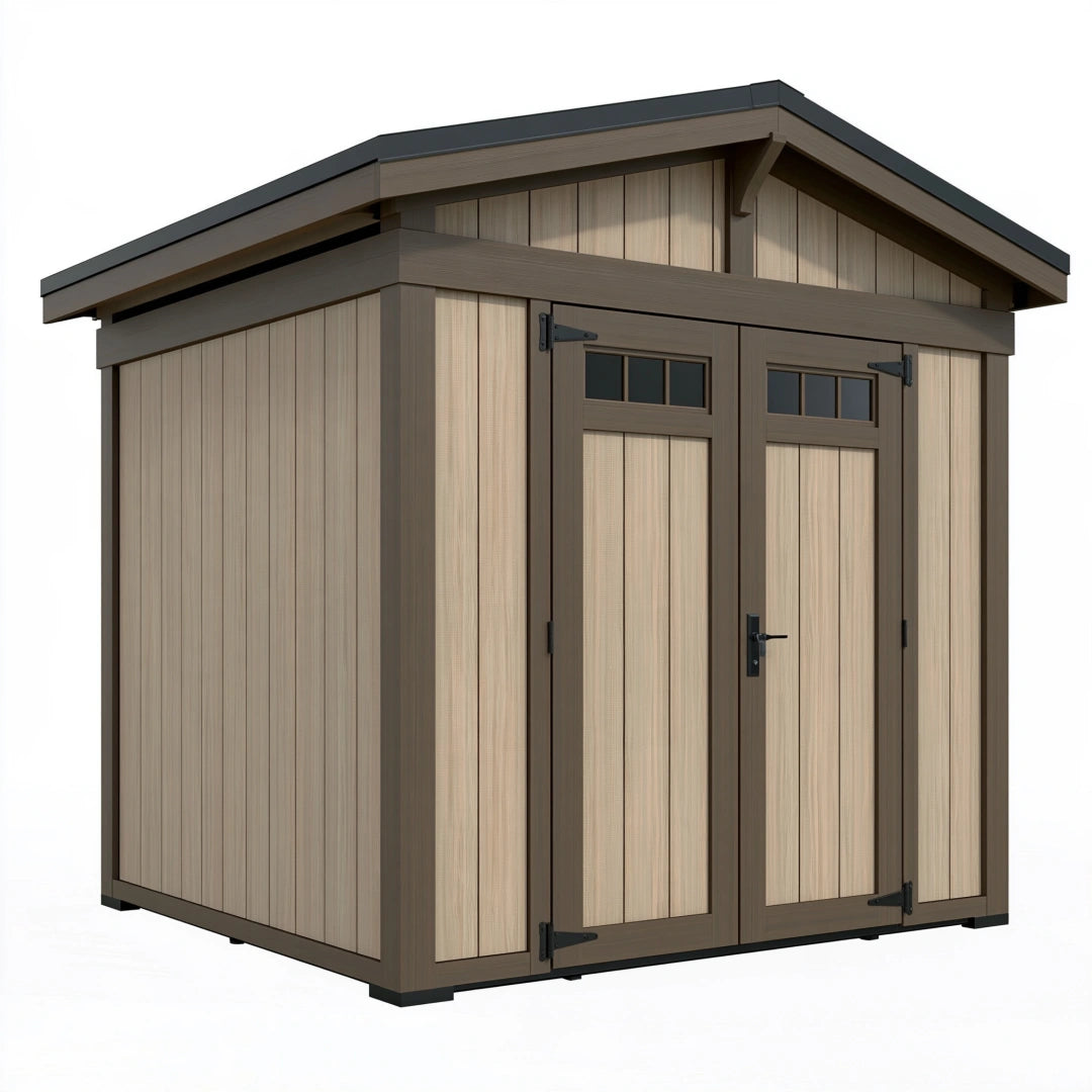 Abri de jardin 180 x 120 cm aspect bois beige et marron foncé à double porte
