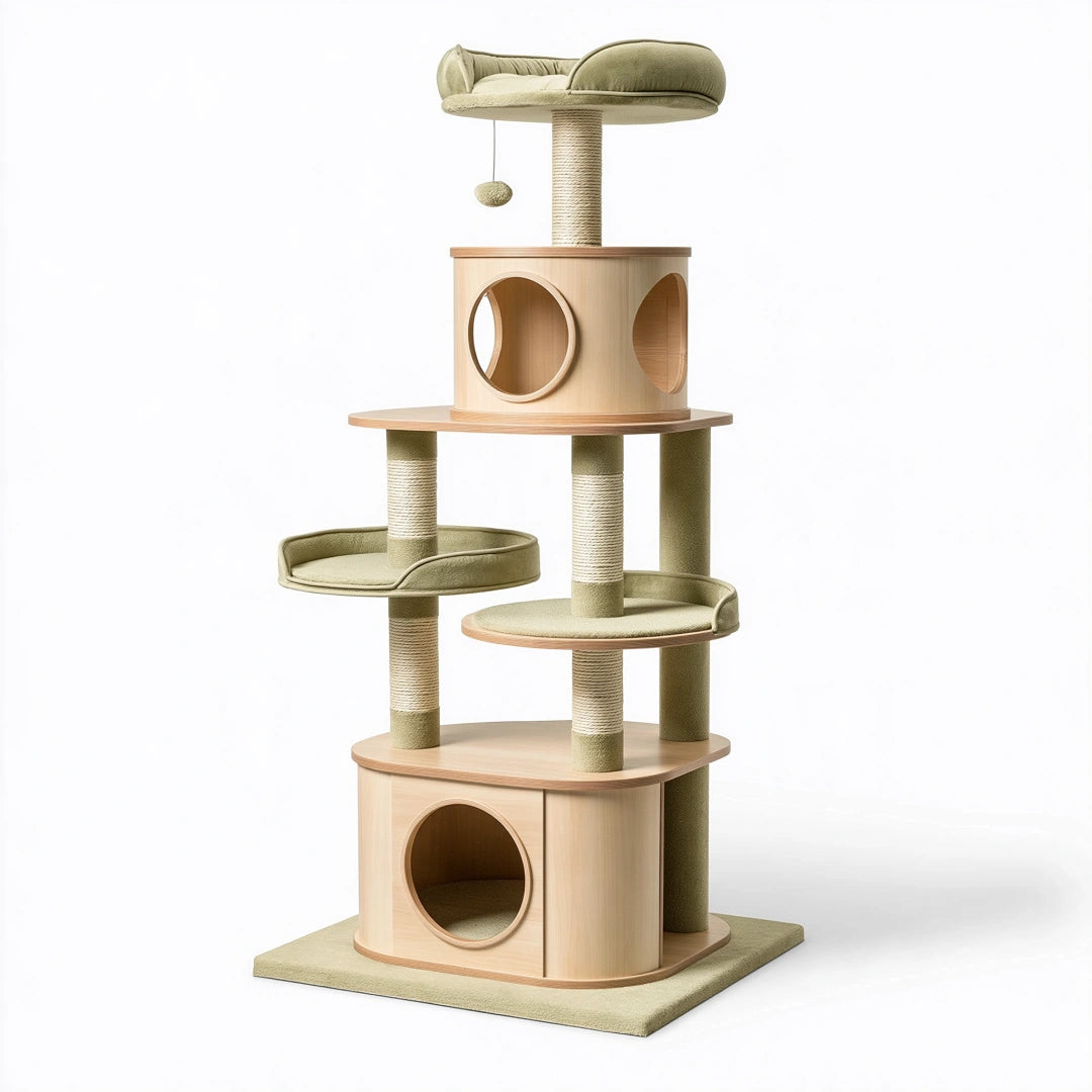Arbre à chat 60 x 60 x 170 cm en bois beige avec griffoirs en sisal et plateformes