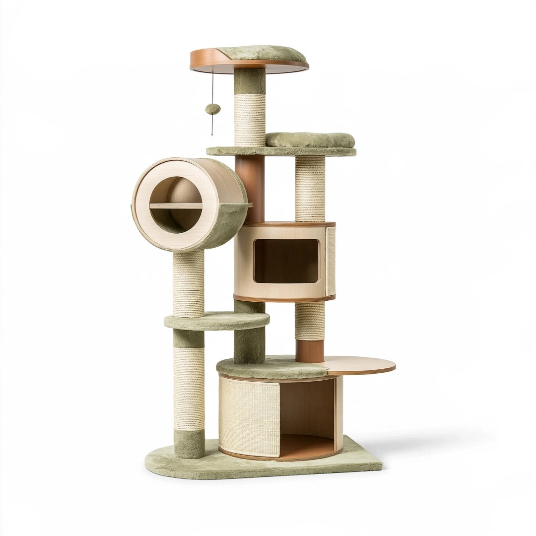 Arbre à chat 60 x 60 x 170 cm en bois beige/vert avec sisal - plateformes et niche