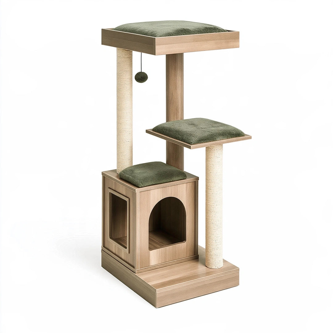 Arbre à chat 60 x 50 x 145 cm en bois naturel et sisal avec niches et plateformes