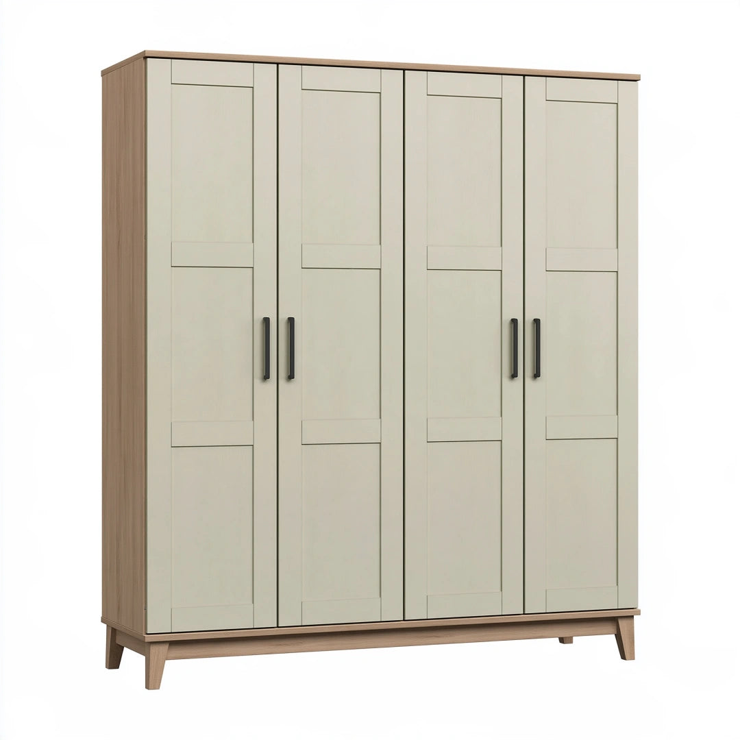Armoire 200 x 60 x 200 cm en panneaux de particules vert sauge et décor bois - 4 portes style contemporain