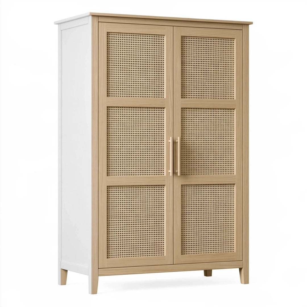 Armoire 100 x 50 x 180 cm en bois naturel et cannage - rangement style scandinave