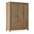 Armoire 3 portes 120 x 55 x 190 cm bois clair et cannage style naturel avec tiroirs