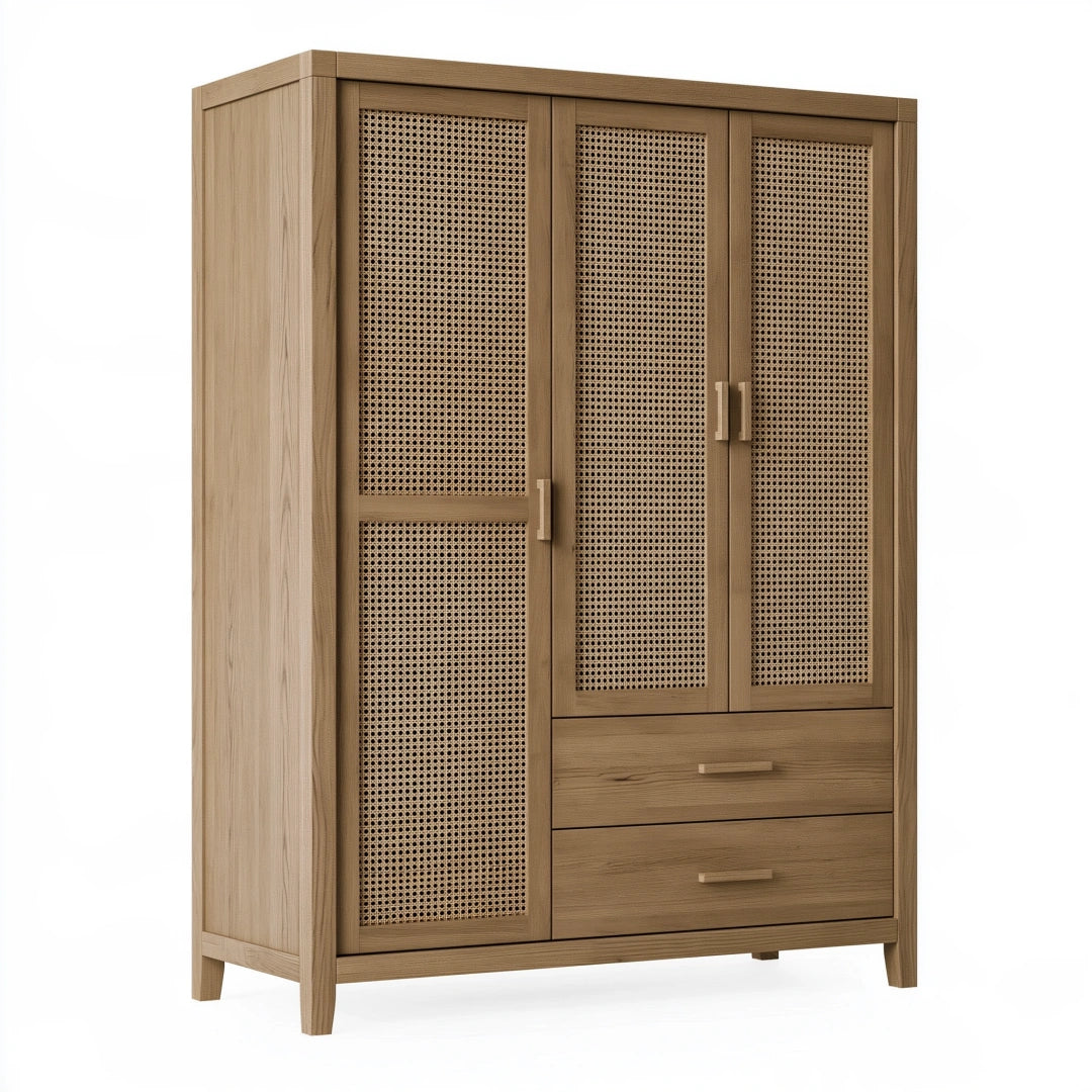 Armoire 3 portes 120 x 55 x 190 cm bois clair et cannage style naturel avec tiroirs