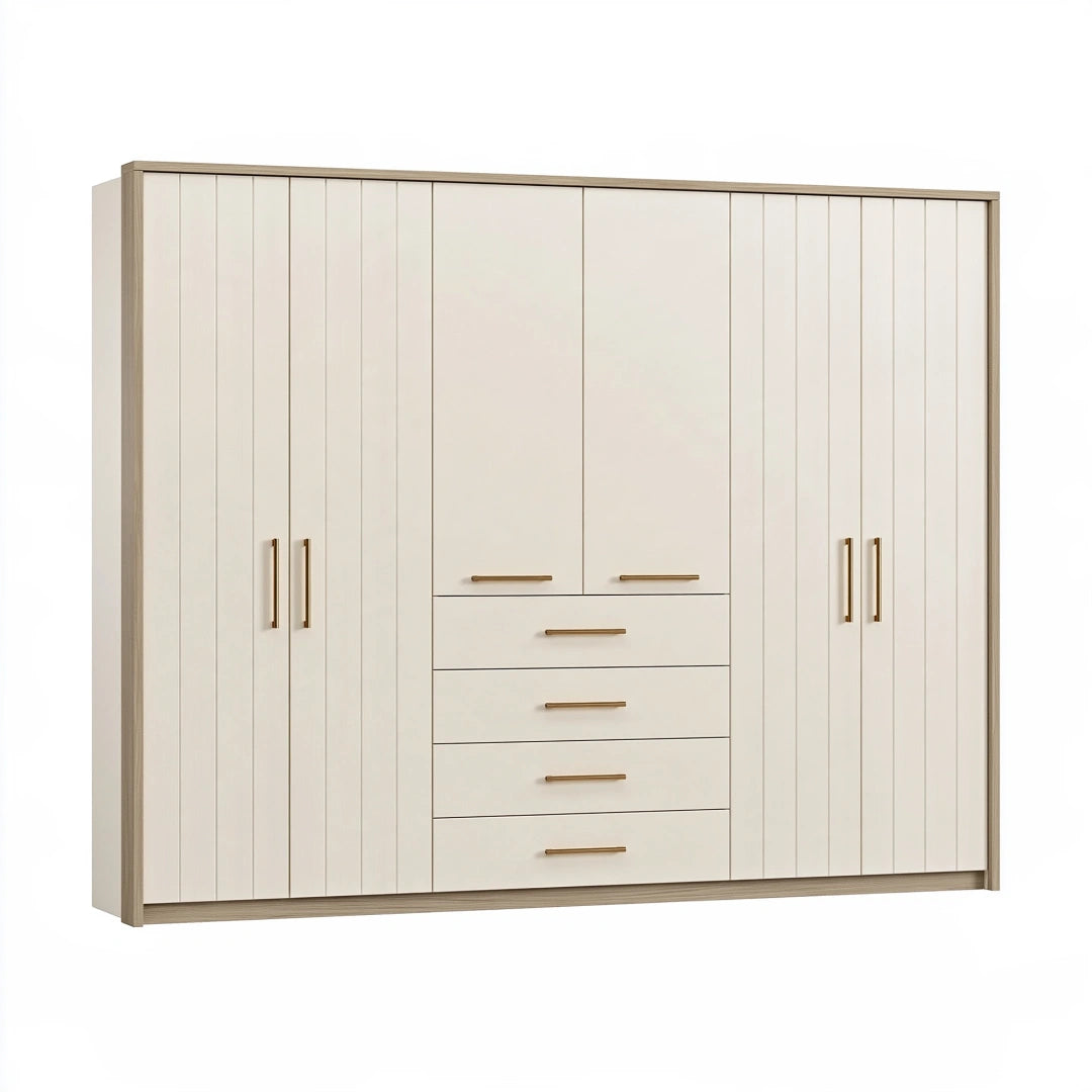 Armoire 250 x 60 x 220 cm blanc et bois à 6 portes avec 4 tiroirs style contemporain