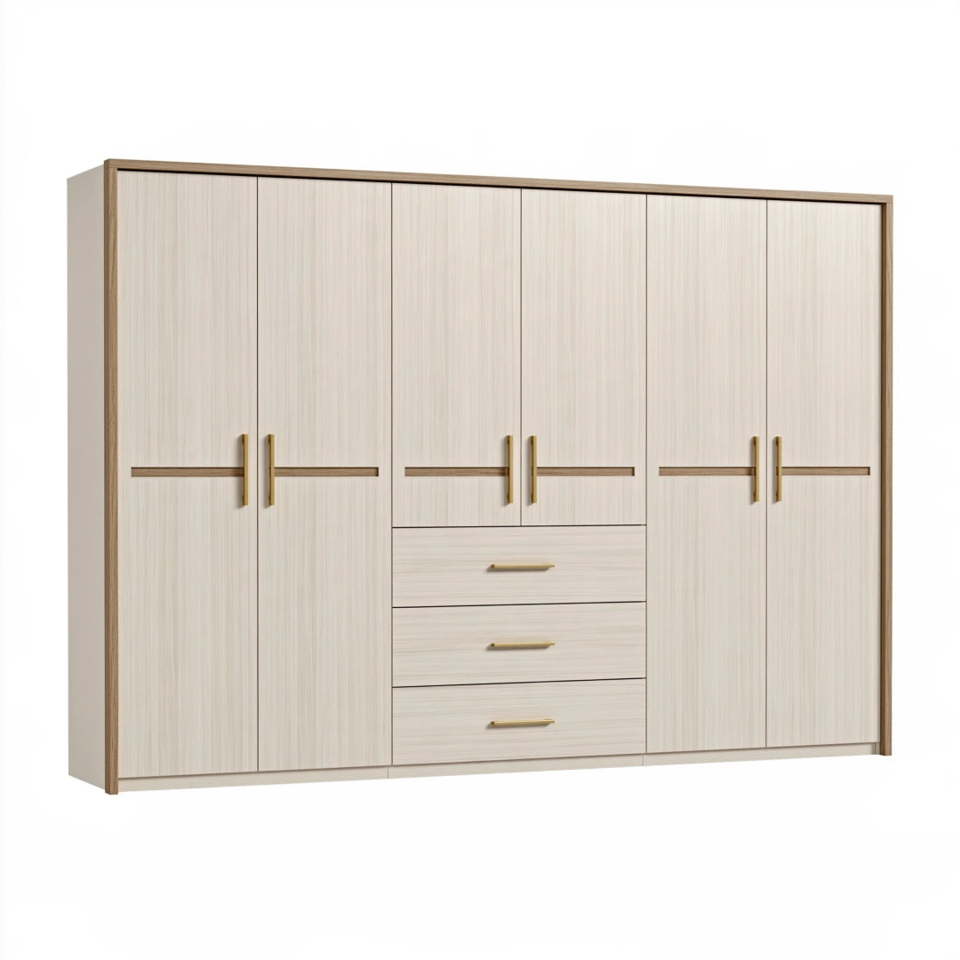 Armoire 240 x 60 x 220 cm en panneaux de bois beige style contemporain avec 6 portes et 3 tiroirs