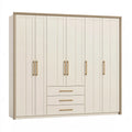 Armoire dressing 270 x 60 x 220 cm en panneaux de bois blanc crème style contemporain avec 6 portes et 3 tiroirs