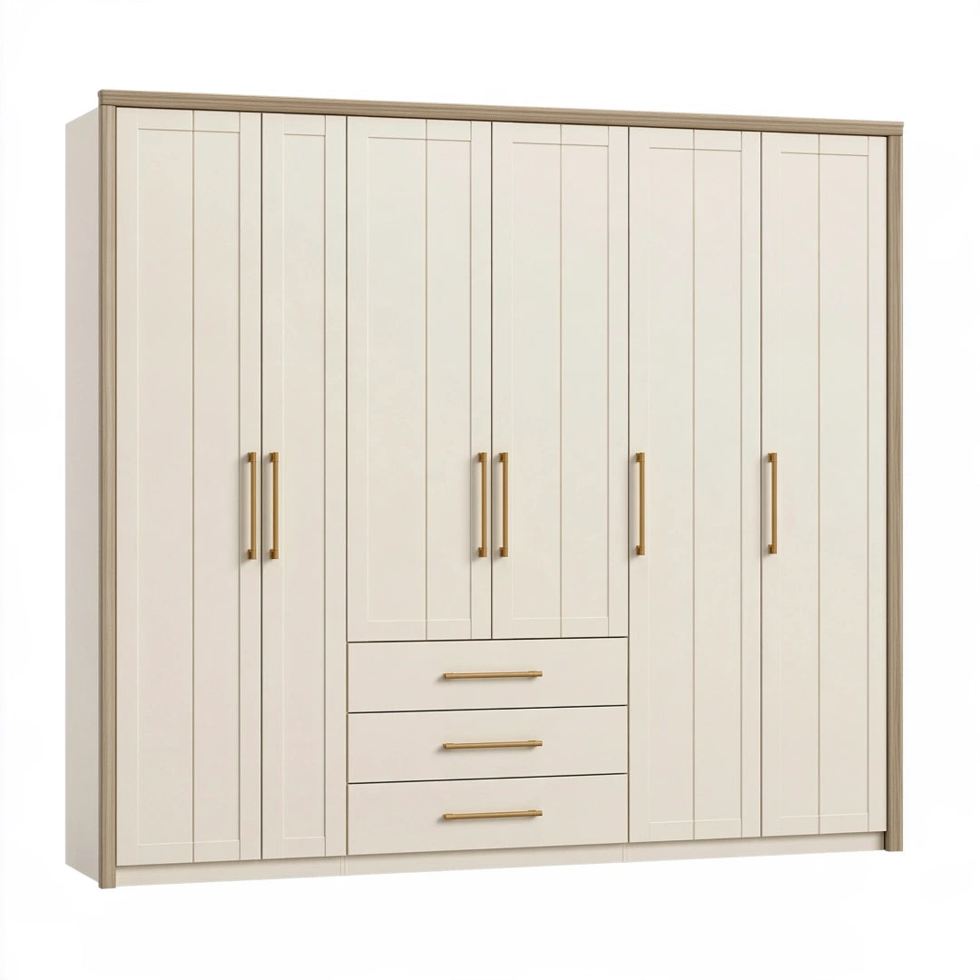 Armoire dressing 270 x 60 x 220 cm en panneaux de bois blanc crème style contemporain avec 6 portes et 3 tiroirs