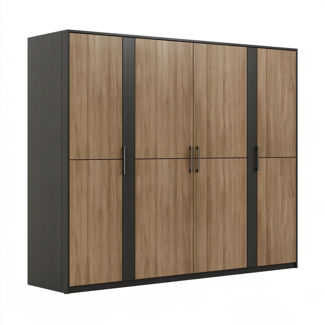 Armoire de rangement 200 x 60 x 200 cm en panneaux de bois marron noir à 4 portes style contemporain