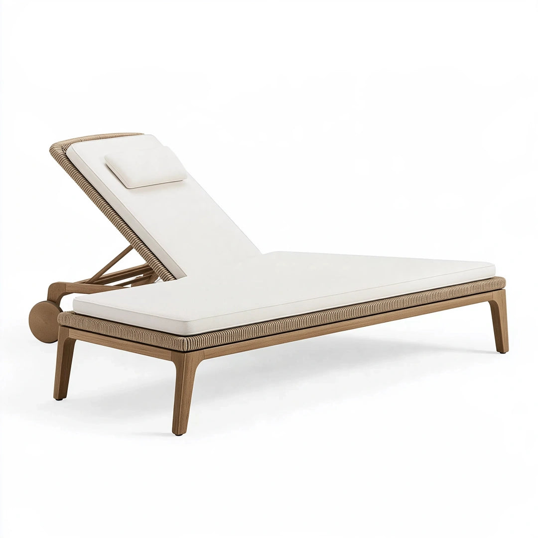 Chaise longue 200 x 75 x 85 cm en bois beige et blanc à dossier réglable pour extérieur