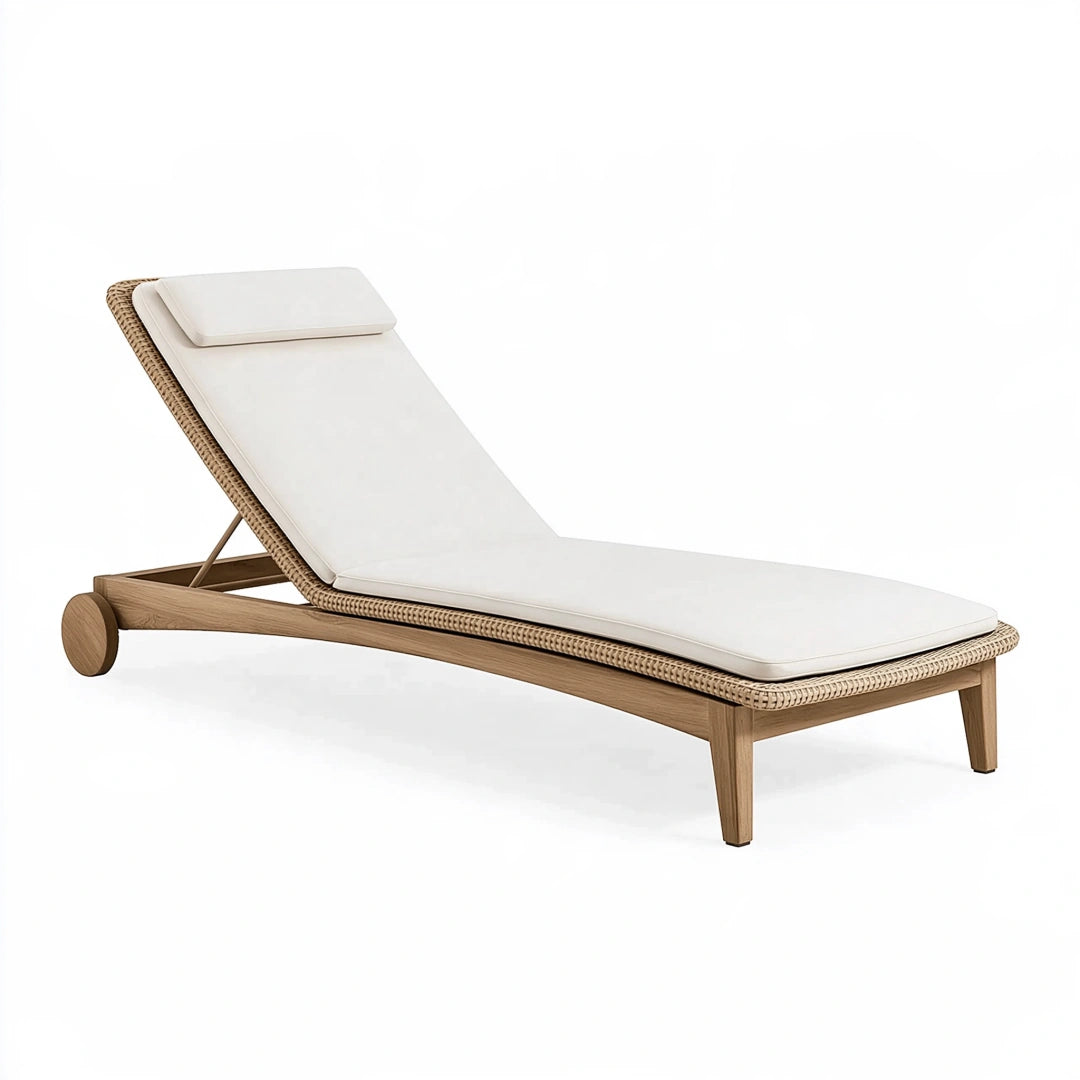 Chaise longue de jardin 200 x 70 cm en bois et fibre tressée beige avec dossier réglable