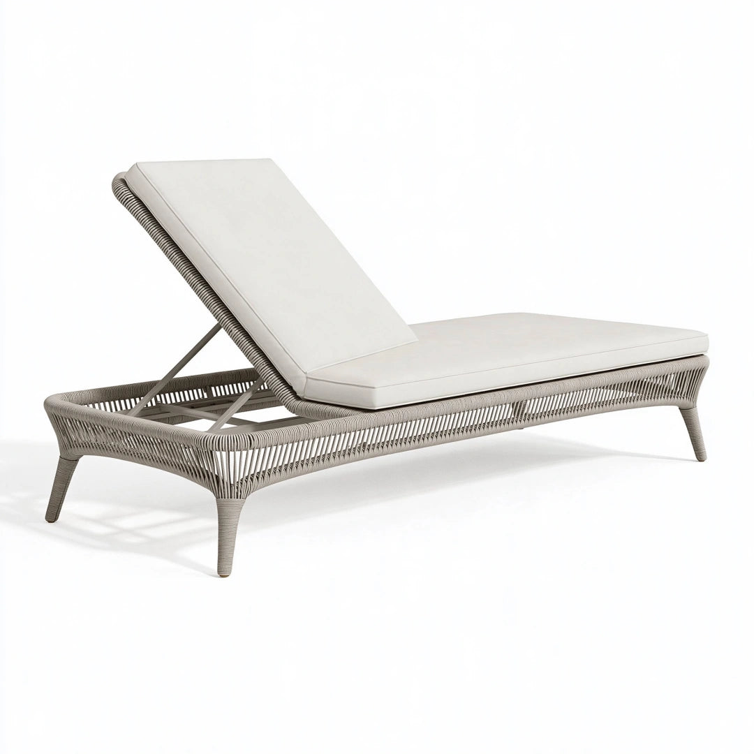 Transat 200 x 70 x 85 cm en fibres tressées gris taupe et blanc cassé avec dossier réglable pour extérieur