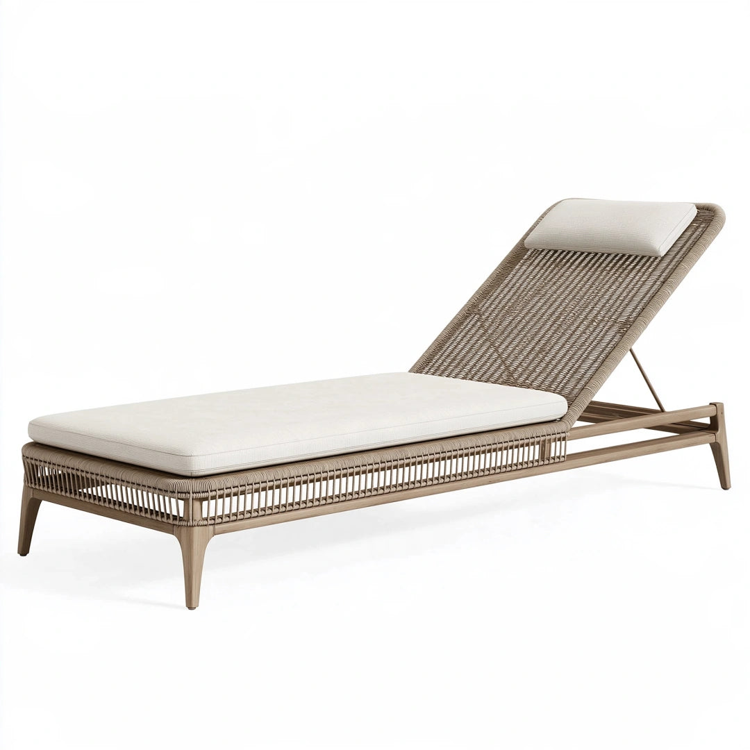Chaise longue de jardin 200 x 70 cm en bois et corde tressée beige à dossier réglable