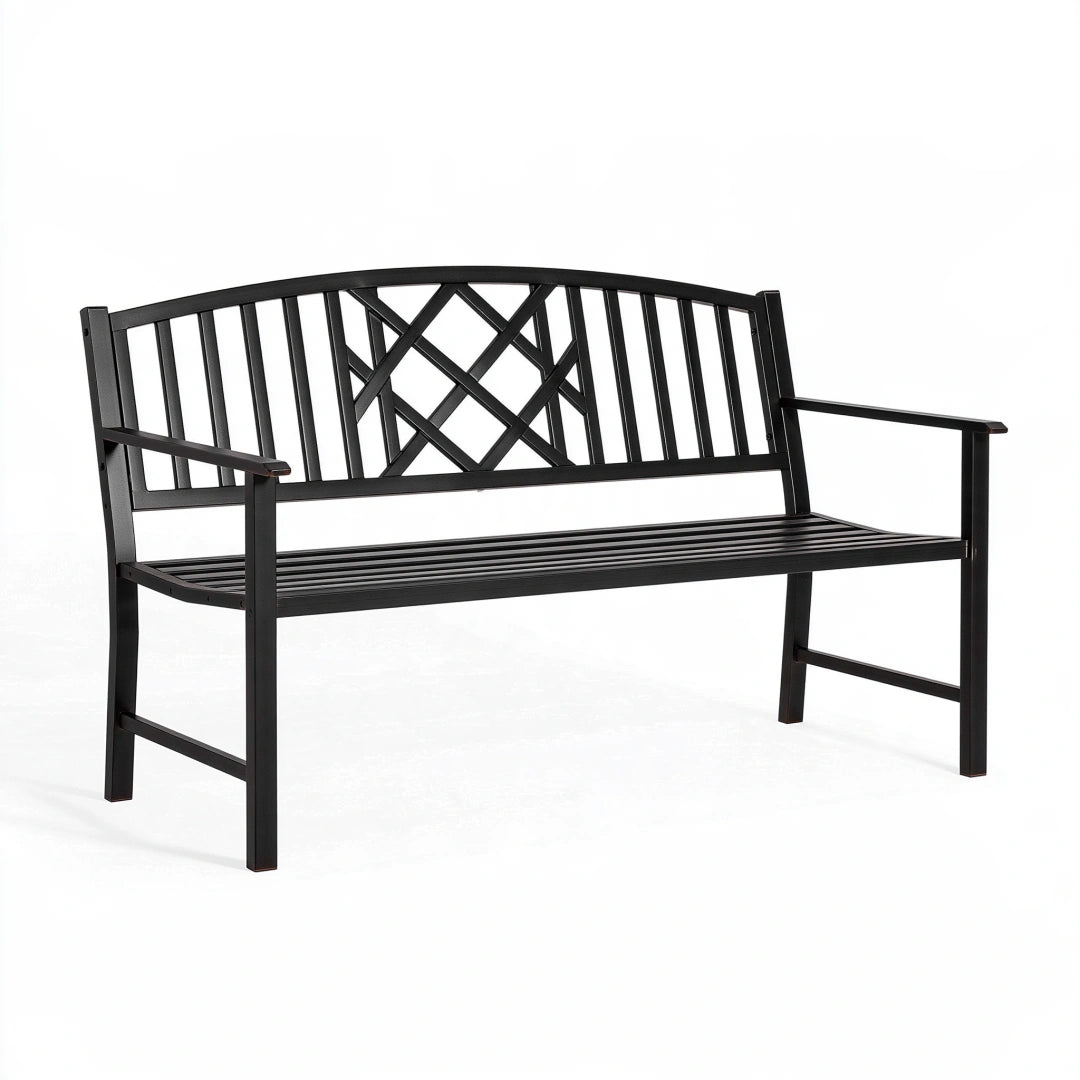 Banc de jardin 122 x 60 x 90 cm en acier noir à dossier ajouré