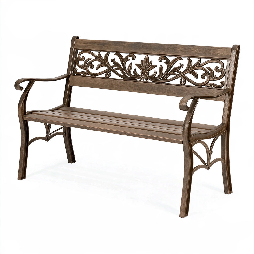Banc de jardin 120 x 60 x 90 cm en métal bronze à accoudoirs style classique