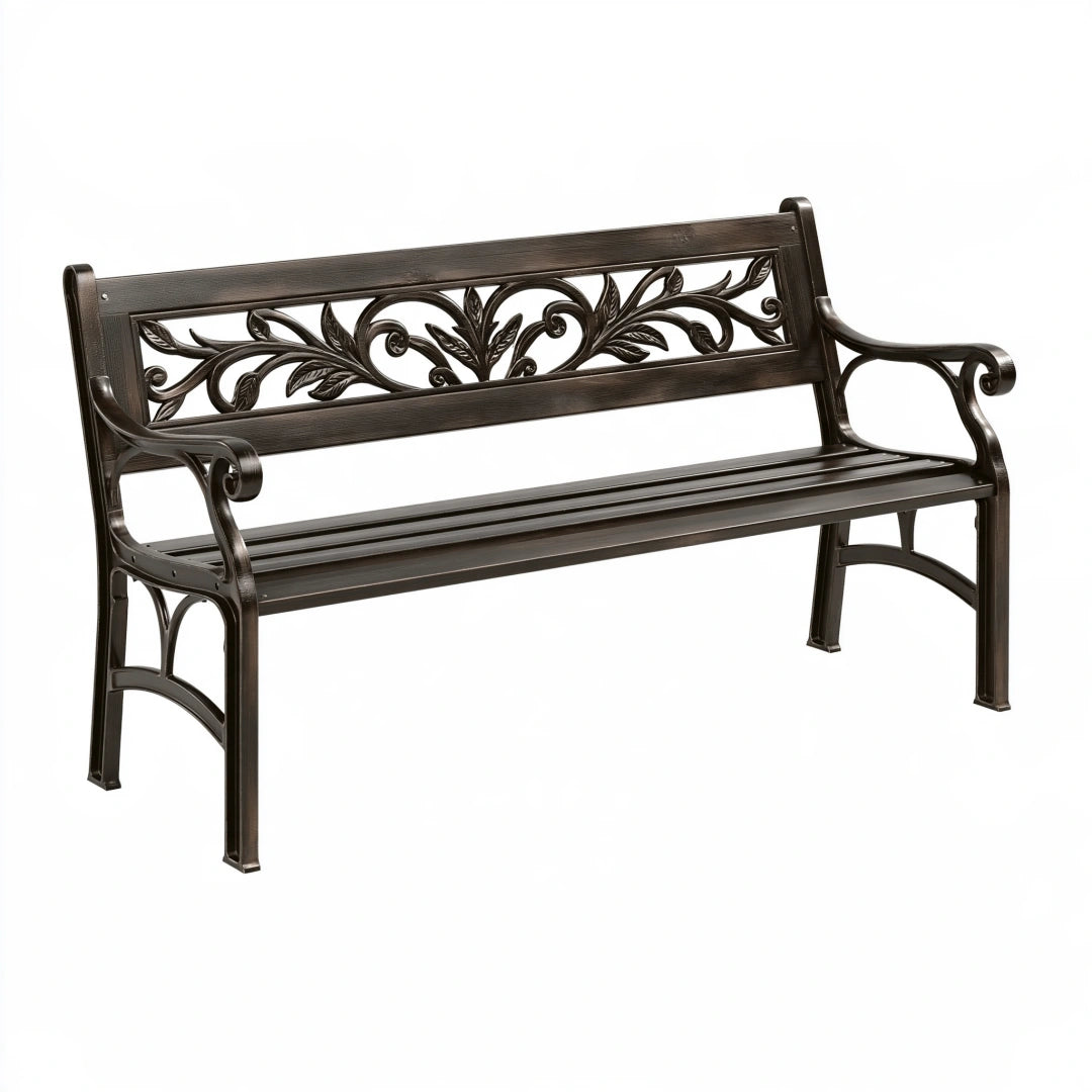 Banc de jardin 122 x 61 x 88 cm en métal brun foncé style classique à dossier décoratif