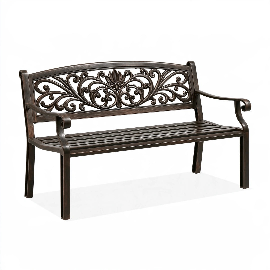 Banc de jardin 125 cm en métal brun style classique à accoudoirs